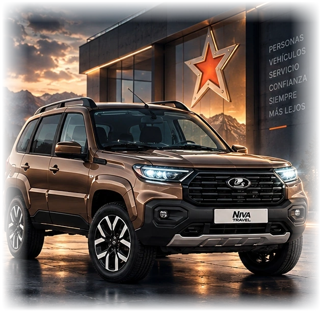 Niva Travel en color marrón champán, presentado en un entorno automotriz cinematográfico